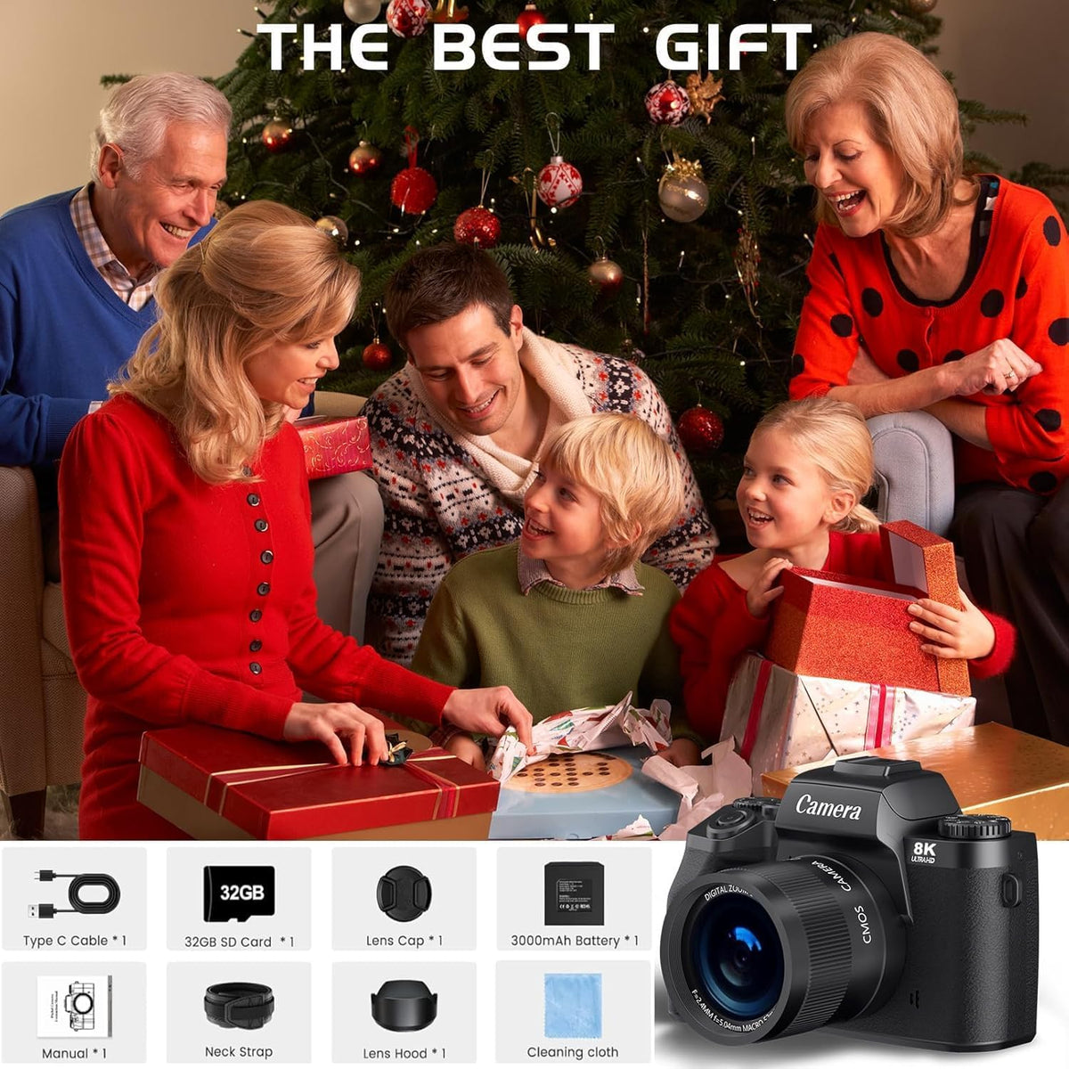 8K Digital Camera for Photography, WiFi & 4" Touch Screen Vlogging Camera for YouTube with Dual-Lens, 64MP Vlog Cameras 16X Digital Zoom with 32GB TF Card, 3000mAh Battery, Lens Hood, Black