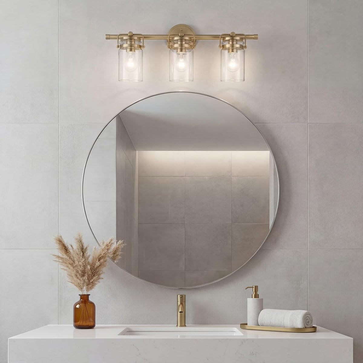 Kichler Brinley 24" 3-Light Bathroom Vanity Light Fixture with Clear Glass in Champagne Bronze, Modern Farmhouse Mason Jar Style for Mirror Lighting (24" W x 10.25" H), 45689CPZ