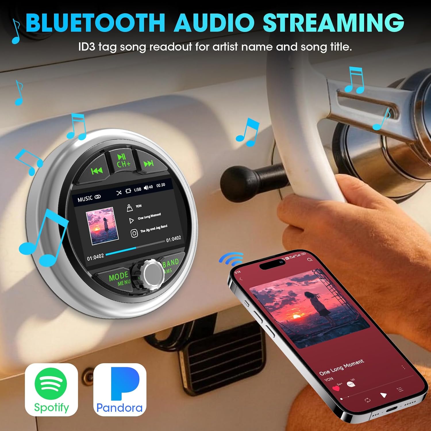 Bluetooth Marine Gauge Stereo System: Waterproof Boat Radio Receiver - 2.8 Inch LCD Display Digital Multimedia MP5 Player AM FM USB AUX Subwoofer 200 Watts Output