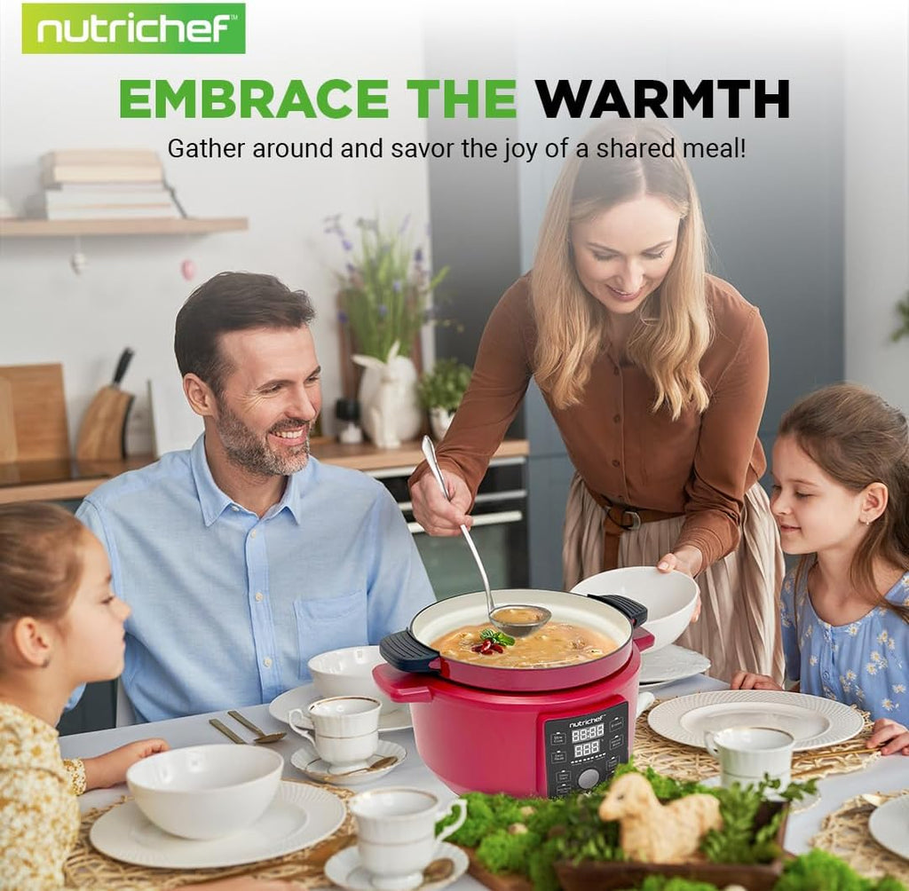 Nutrichef 6 Quart Electric Dutch Oven | 1500W 5-in-1 Enamel Coated Cast Iron Pot with Stainless Steel Lid | Precise Temperature Control | Includes 2 Silicone Pot Holders & Heat Resistant Pad | Red