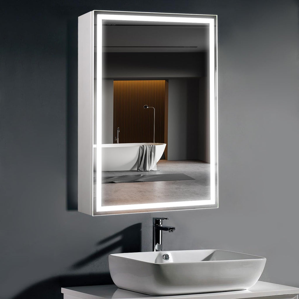 28 x20Inch LED Medicine Cabinet Mirror with Lights for Bathroom,Defogger,Stepless Dimmable, 3000K/5500K Color Temperature Wall Mounted Makeup Mirror,Adjustable Shelf (Assembly Required)