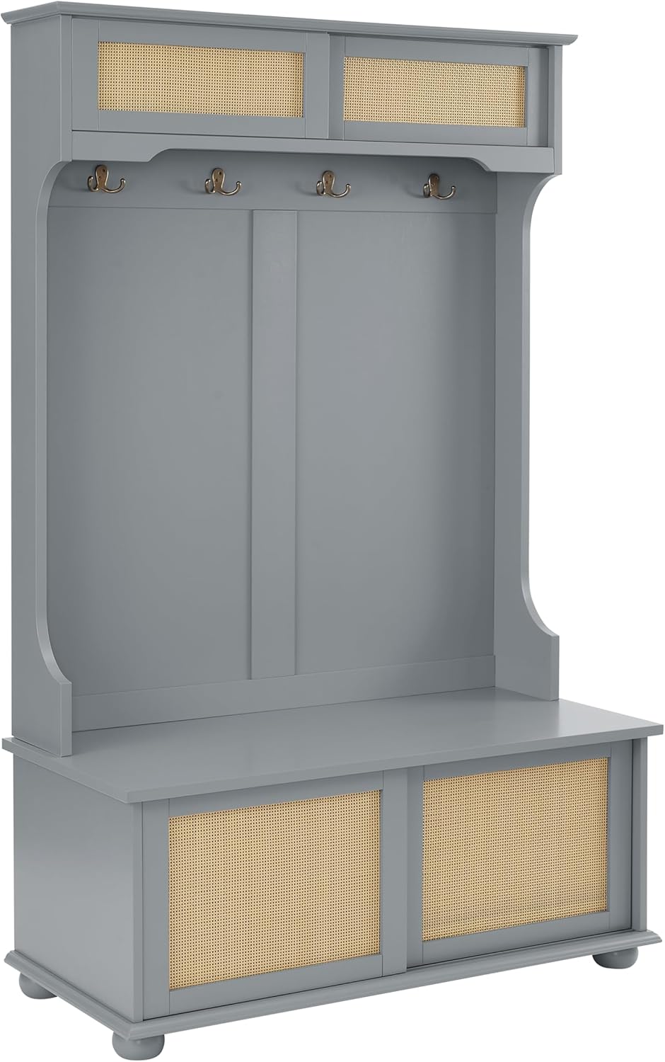 Wacfc Coat Hall Tree with Rattan Door, Clothes Hanger Hall Tree, Clothes Rack with Shoe Storage Bench, Coat Hook and Storage Open Shelf for Entryway Living Room, Gray