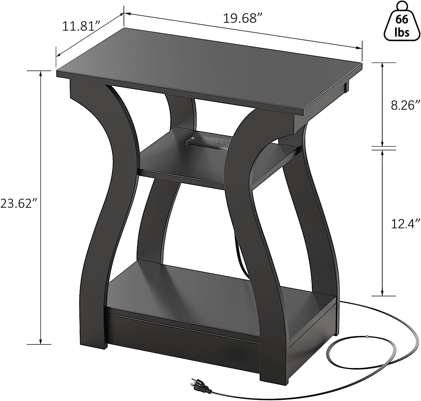 FROMJBEST Black End Table Set of 2 with Charging Station, Side Table with USB Ports and Outlets, Black Nightstand, 3 Tier End Table with Storage Shelf for Living Room, Bedroom