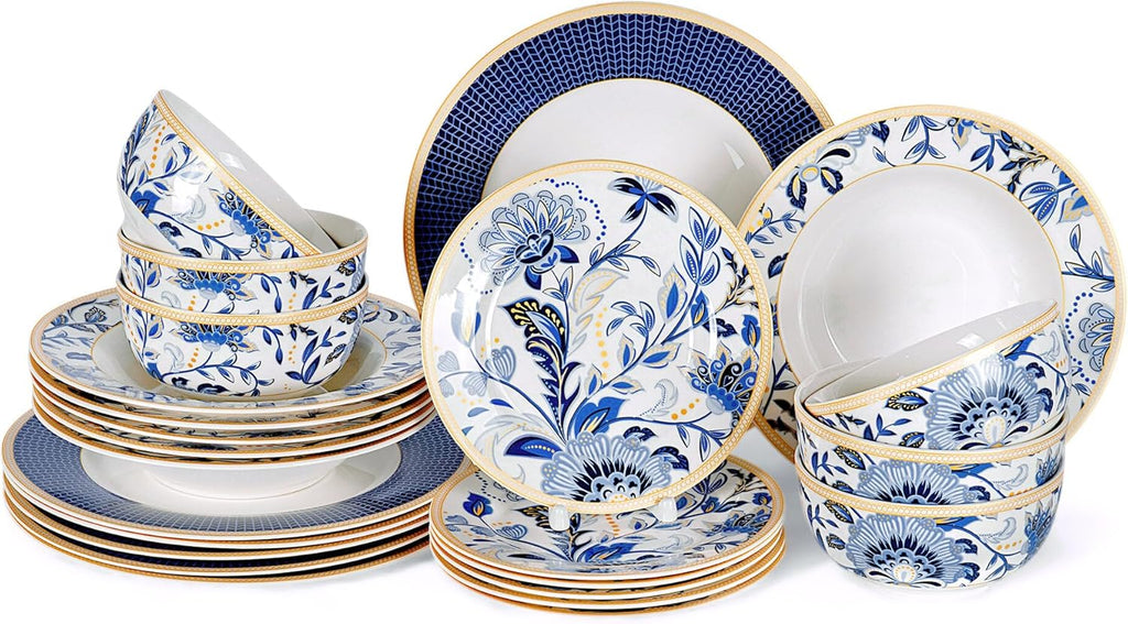 24-Piece Bone China Dinnerware Set in Gift Box, Service for 6, Porcelain Dinnerware, Tropical Dishes Set - Dinner Plates Dessert Plates Cereal Bowls Mugs (Melodie de Fleurs)