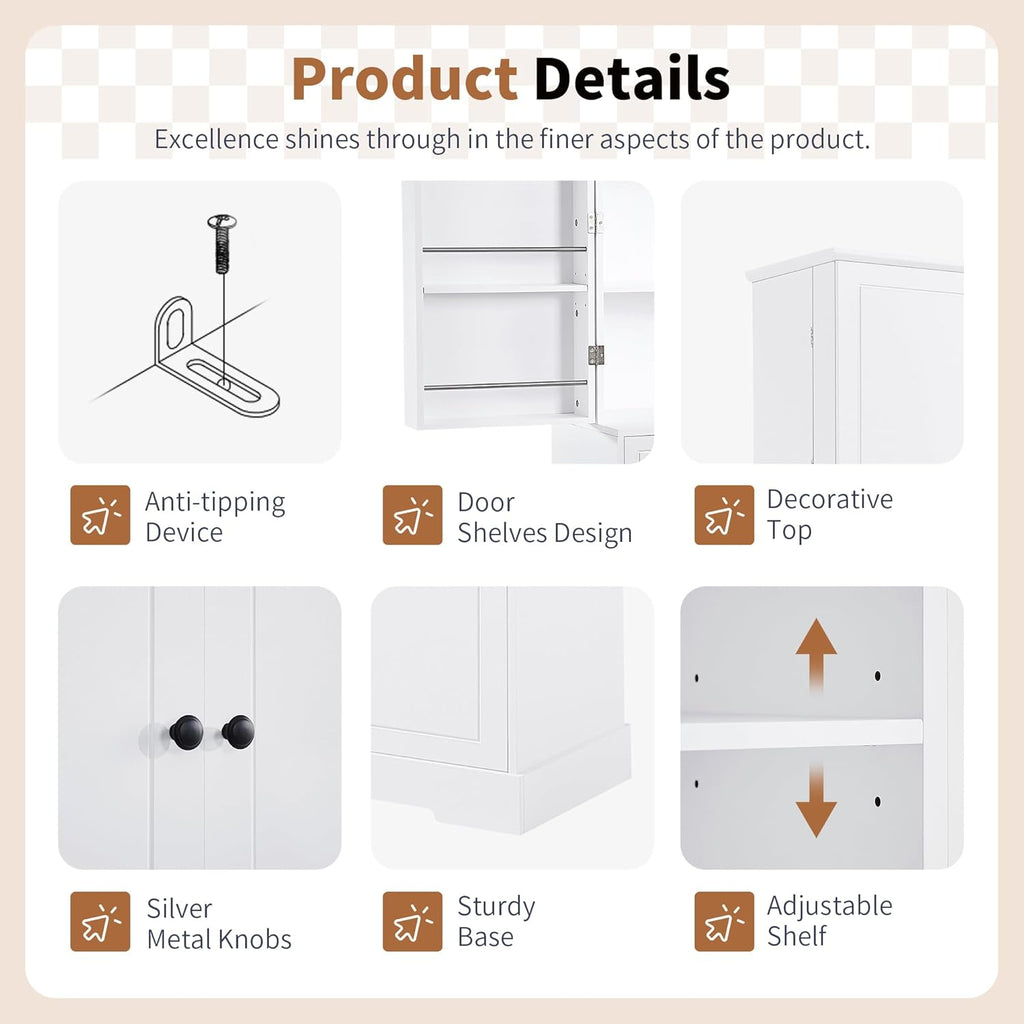 Tall Storage Cabinet Pantry Cupboard with Laundry Hamper and Door Rack Organizer for Bathroom, Kitchen or Enterway, Adjusatble Shelf, White