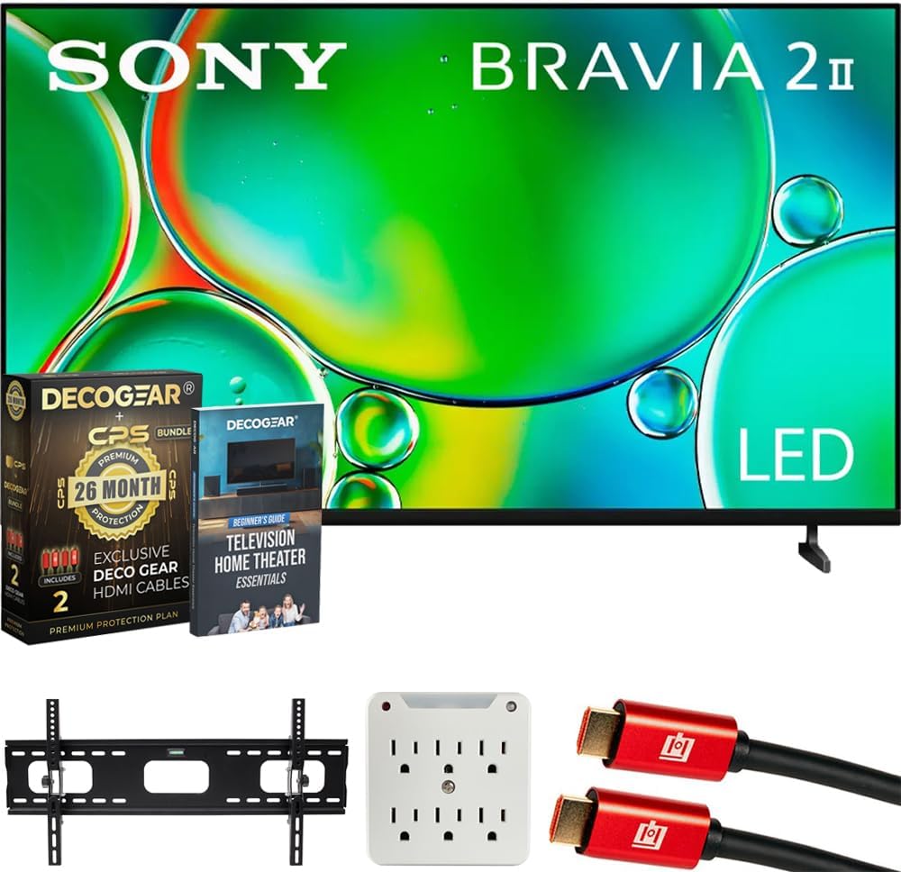 Sony K75S20M2 BRAVIA 2 II 75" 4K HDR Smart LED TV 2025 Bundle with CPS Exclusive 26 Month Protection, Wall Mount, 2X HDMI Cables, Surge Adapter & Deco Gear Complete Home Theater Beginner's Guidebook
