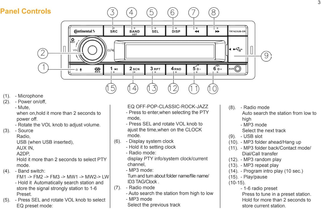 VDO Continental TR7412UB-OR European Style 12v Radio Orange Display Bluetooth Bundle with AC111