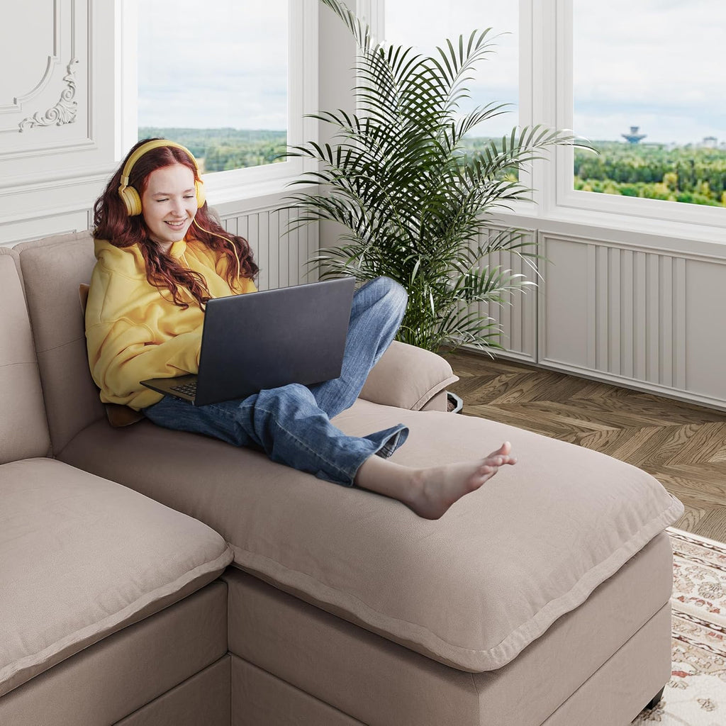 110" Sectional Couches for Living Room,4 Seat U Shape Modular Couch with Thick Cushion & Soft Backrest,Upholstered Sofa Couch with Double Chaise,Beige