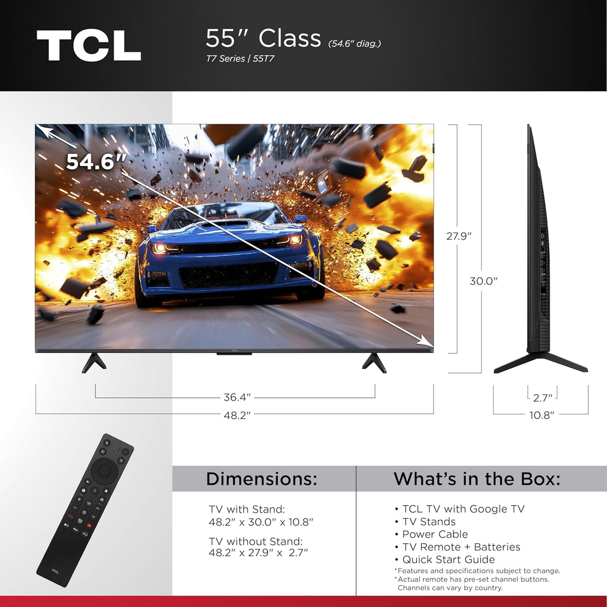 TCL Amazon Exclusive 55 Inch Class T7 Series | 4K QLED HDR Lag-Free Smart Google TV | 55T7, 2025 Model | 120Hz-144Hz High Brightness, Dolby Atmos, Alexa Voice Remote AI Streaming Gaming Television