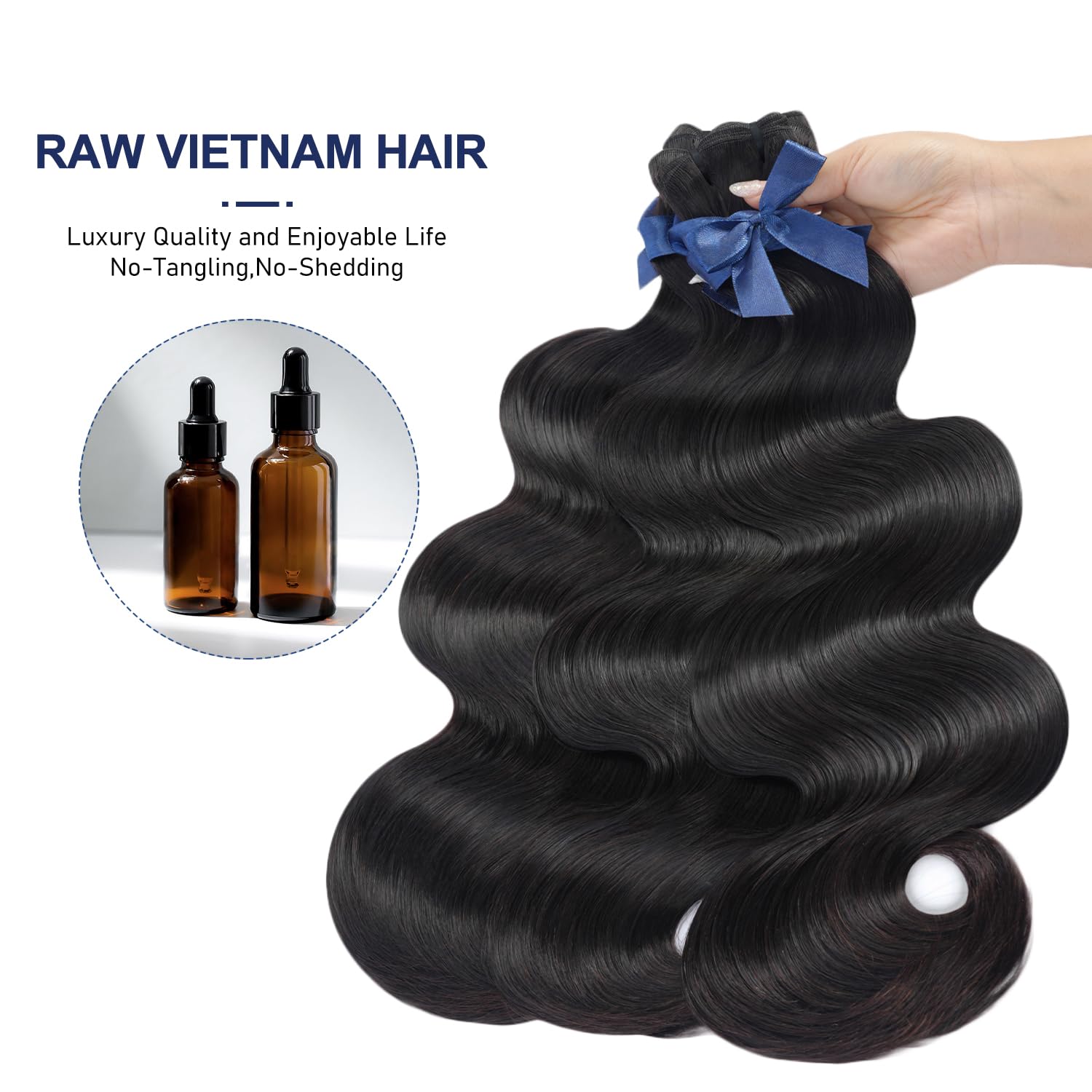 Raw Bundles Human Hair Body Wave, Bleachable & Dyeable, No Shedding, No Tangles, 15A Raw Vietnamese Hair Bundles, 18 20 22Inches, 3X Longer Lifespan