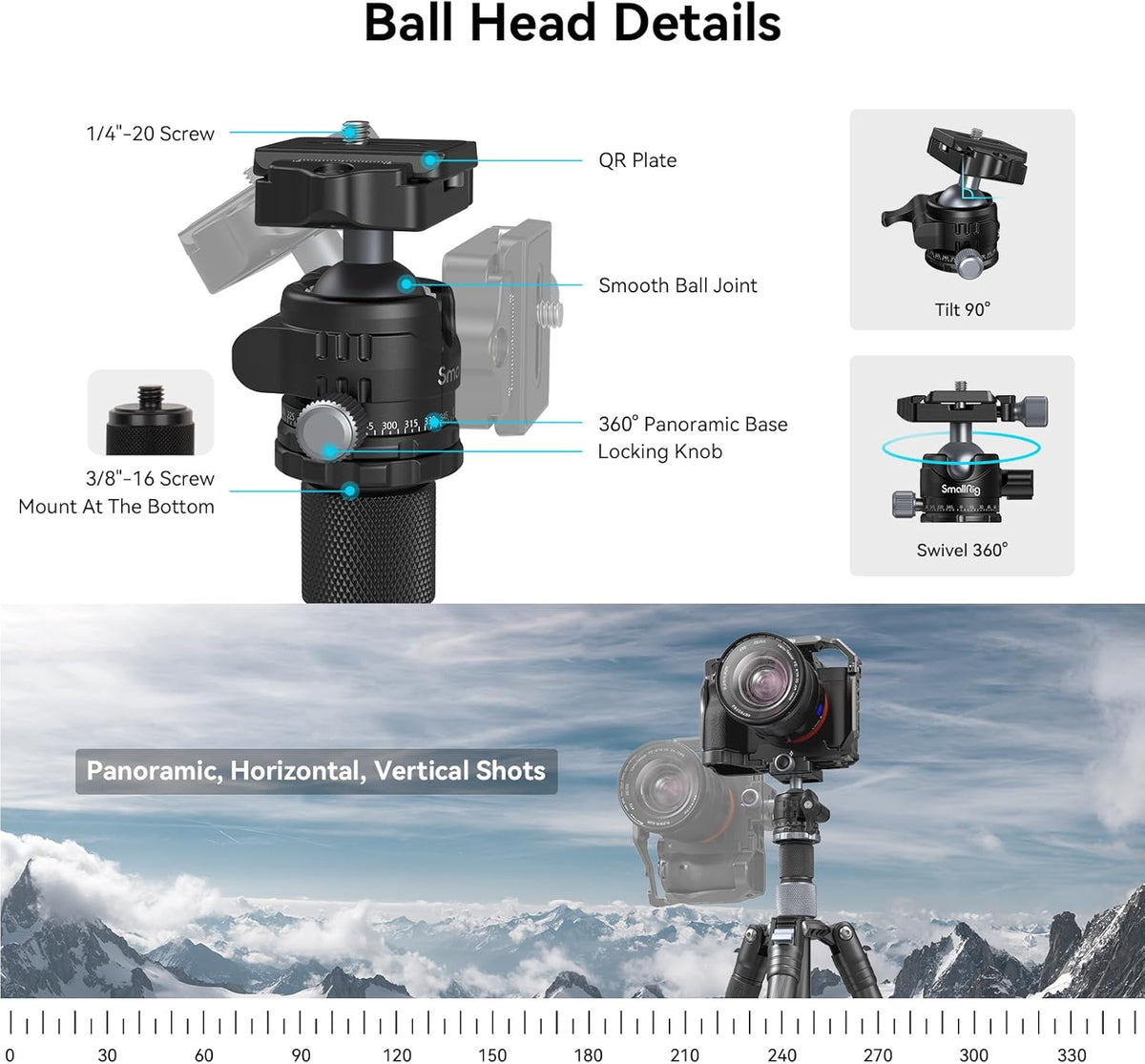 SmallRig AP-20 Carbon Fiber Tripod, 62.2" Camera Tripod Monopod with Center Column, Compact Lightweight Tripods with 360° Ball Head, Payload 26.5 lbs, Quick Release Plate, for DSLR Camera - 4059