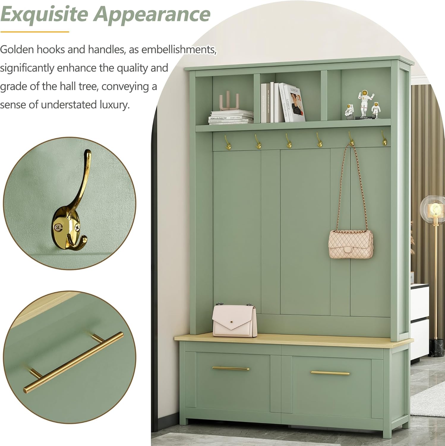 LUMISOL Mudroom Coat Rack with 2 Drawers, Entryway Hall Tree with Storage Bench, Mint Green