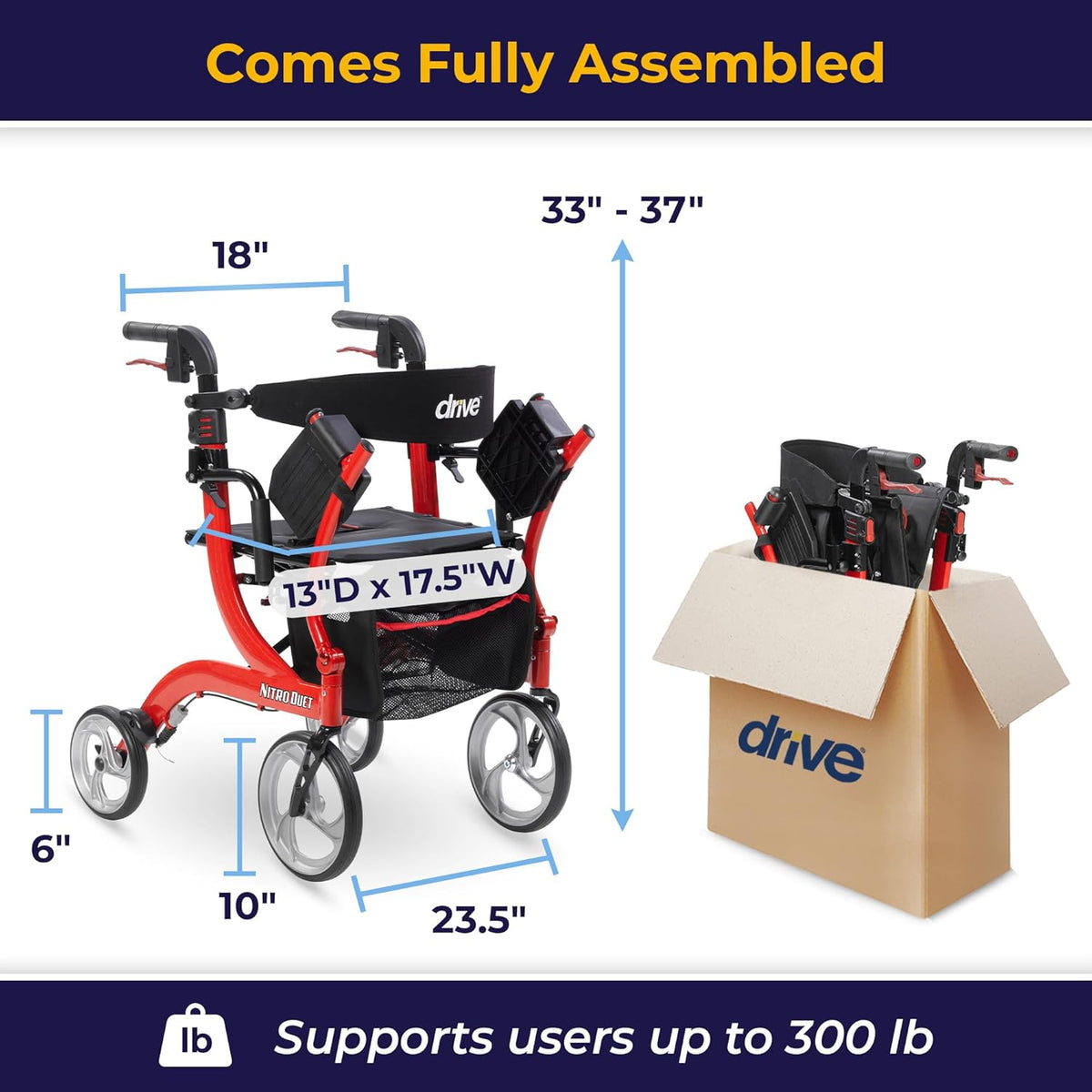 Drive Medical Nitro Duet Dual Function Foldable Rollator Walker & Transport Wheelchair for Seniors & Adults - Hand Activated Brakes & Back Support - Large Front Wheels - Red