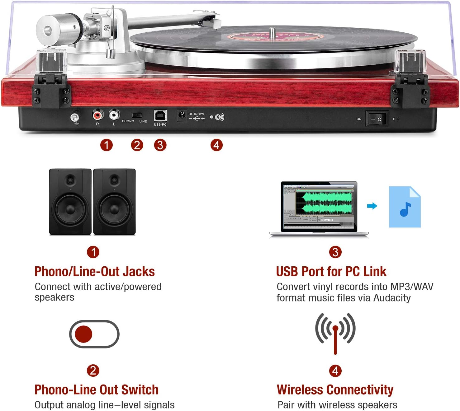 1 BY ONE Belt Drive Turntable with Bluetooth Connectivity, Built-in Phono Pre-amp, USB Digital Output Vinyl Stereo Record Player with Magnetic Cartridge, 33 or 45 RPM