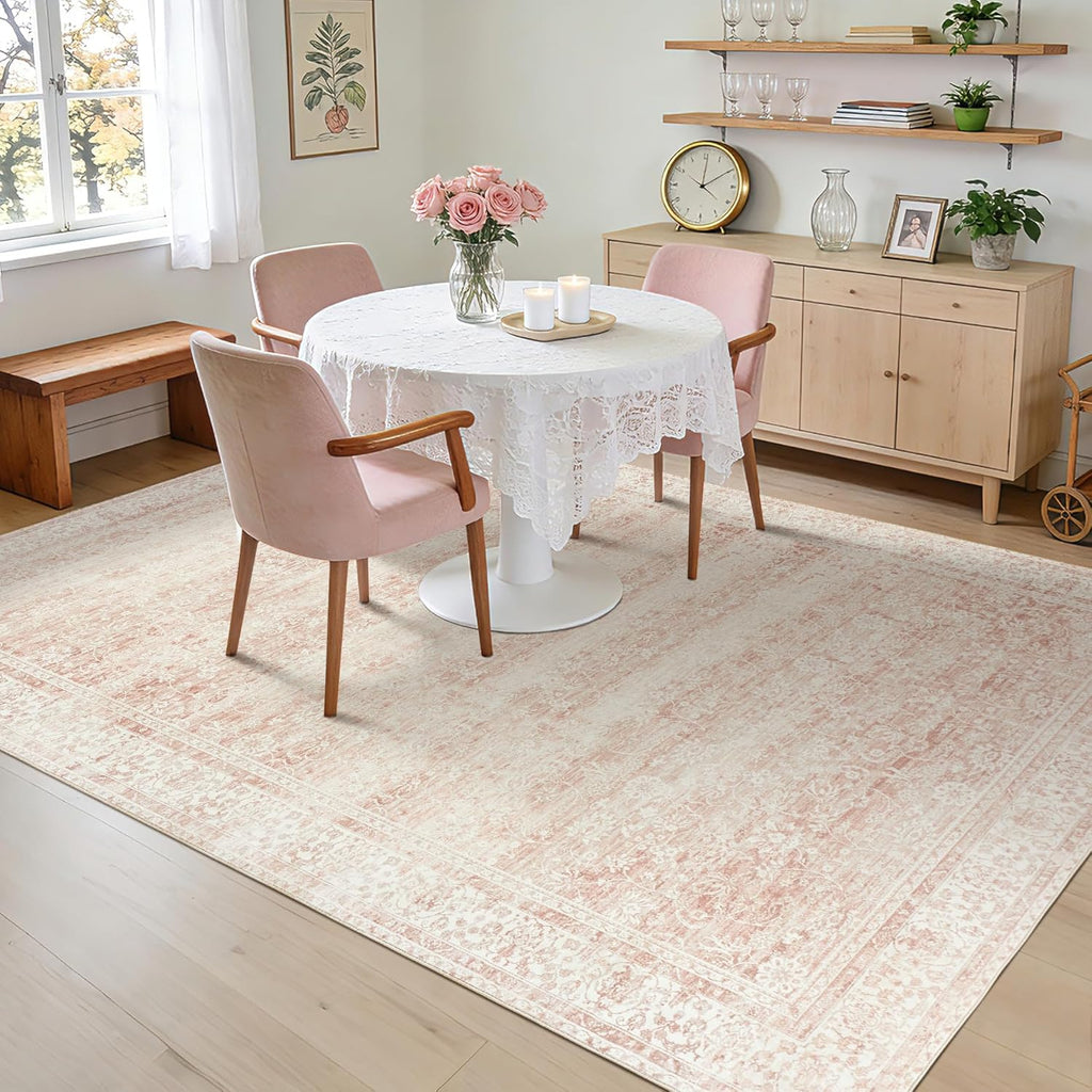 Pink Area Rug for Living Room Low Pile Soft 8 x 10 Carpet with Non Slip Washable Neutral Boho Floral Rugs for Hardwood Floor Protector Extra Large Area Rugs 8x10 for Big Nursery Bedroom Livingroom