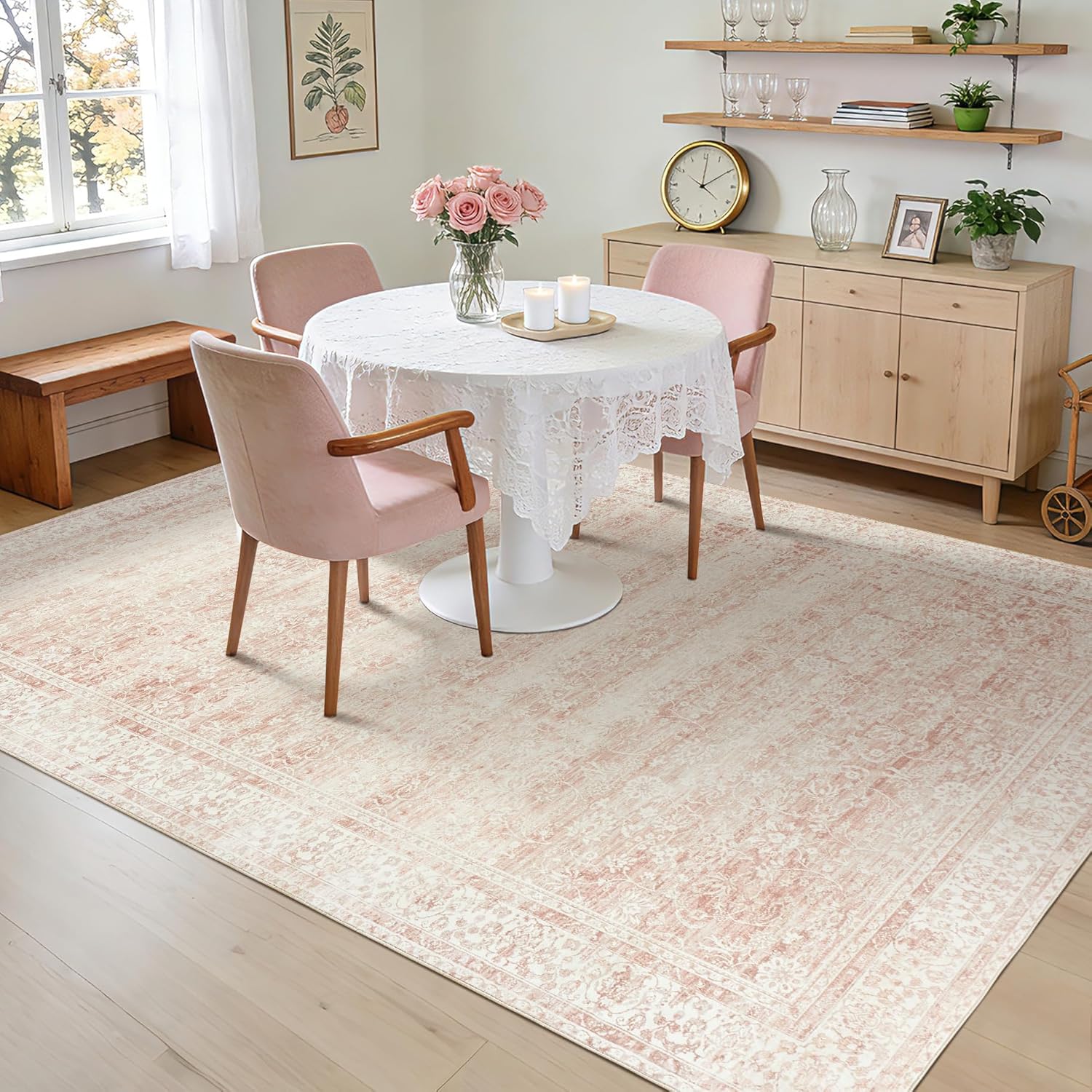 Pink Area Rug for Living Room Low Pile Soft 8 x 10 Carpet with Non Slip Washable Neutral Boho Floral Rugs for Hardwood Floor Protector Extra Large Area Rugs 8x10 for Big Nursery Bedroom Livingroom