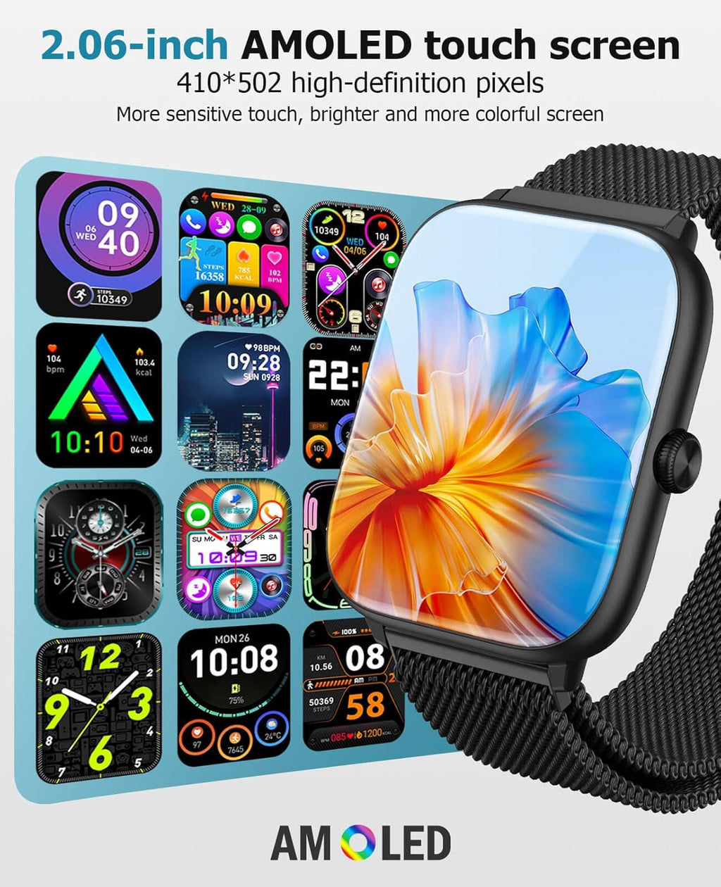 Smart Watch for Men with Blood Pressure Monitor, 2.06" AMOLED Always-On Display, IP68 Waterproof Fitness Tracker, 118 Sports Modes, Heart Rate/SpO2/Sleep Monitor, Tech Gift, Android iPhone Compatible