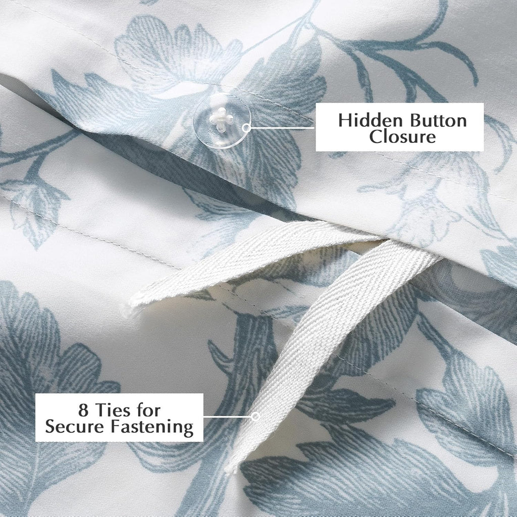 EverGrace 100% Cotton Sateen Duvet Cover Set Queen Size, 3 Piece Floral Toile Bedding Set, Pre-Washed Soft & Breathable, Button Closure with 2 Pillow Shams, Blue Linen, 90"x92"