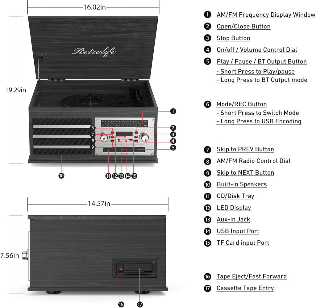 Vinyl Record Player 10-in-1 Music Center Turntable Built-in Speakers Support 3 Speed BT Wireless Input/Output AM/FM Radio CD Tape Cassette Player Aux RCA Auto Stop Vinyl Recording to USB/TF Card Black