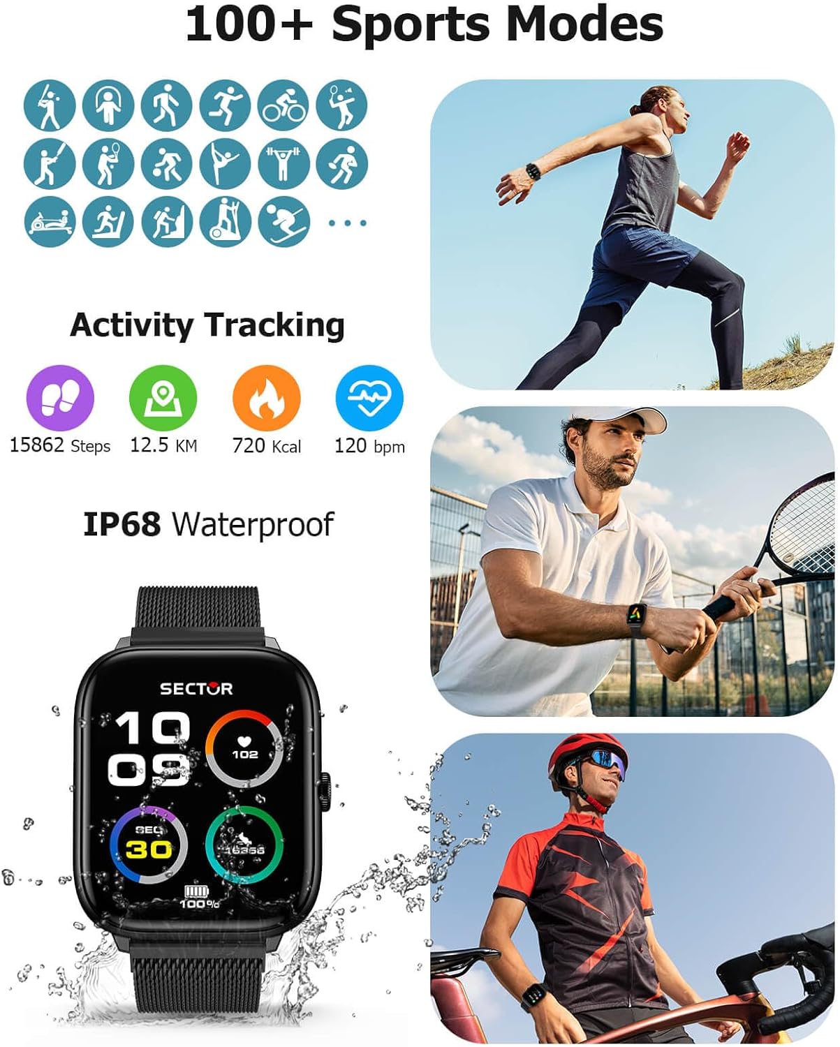 Smart Watch for Men with Blood Pressure Monitor, 2.06" AMOLED Always-On Display, IP68 Waterproof Fitness Tracker, 118 Sports Modes, Heart Rate/SpO2/Sleep Monitor, Tech Gift, Android iPhone Compatible