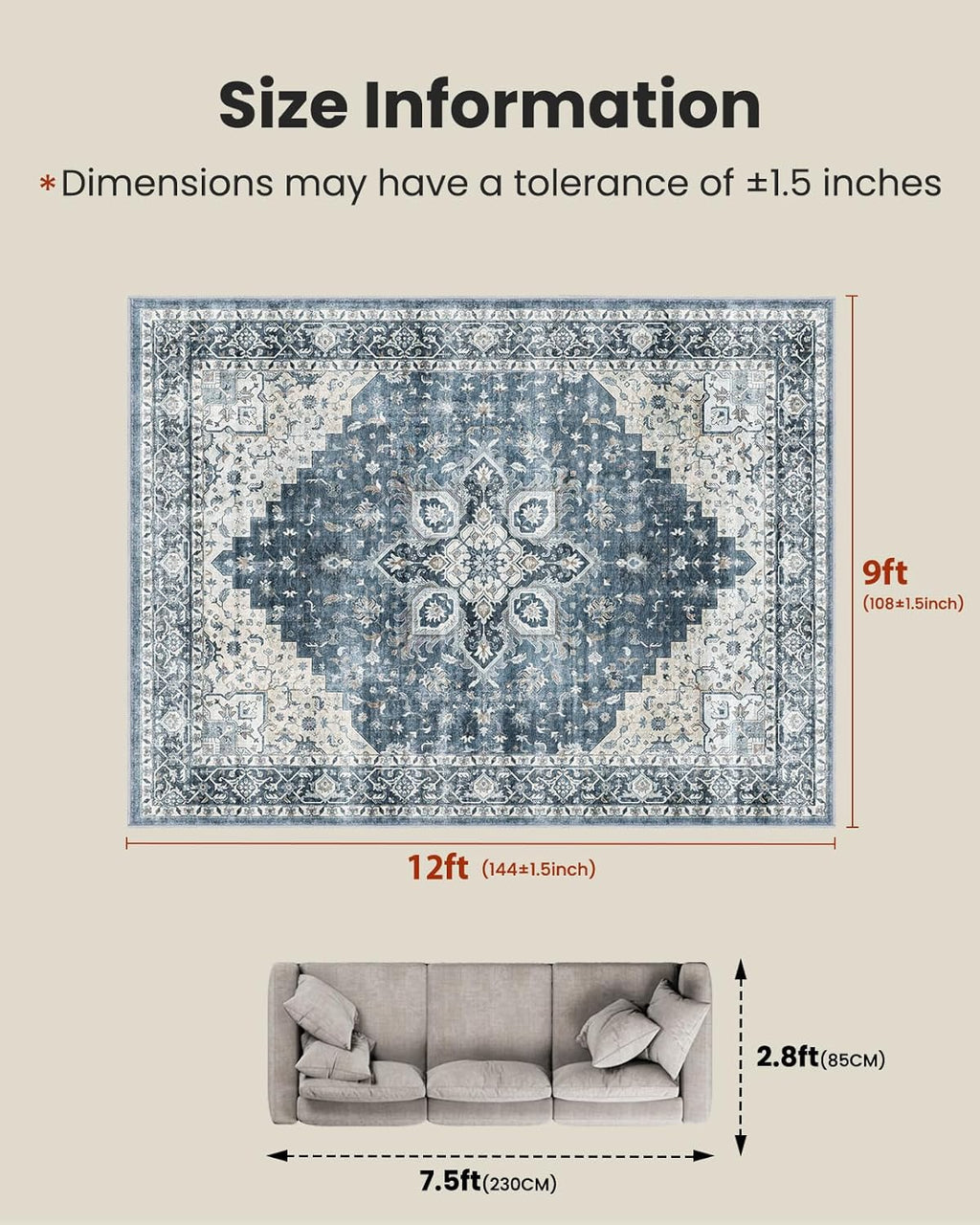 AMADA HOMEFURNISHING 9x12 Washable Area Rug, Low-Profile Large Area Rug with Non-Slip Backing & Durable Edge Binding, Vintage Large Rugs for Living Room, Bedroom & Dinning Room