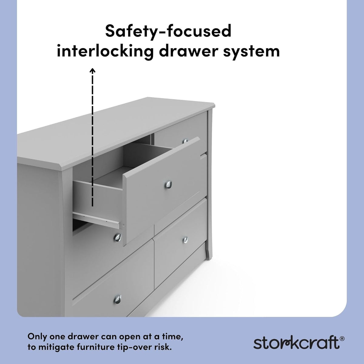 Storkcraft Crescent 6-Drawer Dresser (Pebble Gray) – GREENGUARD Gold Certified, Gray Dresser for Bedroom, Kids & Nursery Storage Chest, Safety Interlocking Drawers, Pre-Installed Tracks, Kids Chest