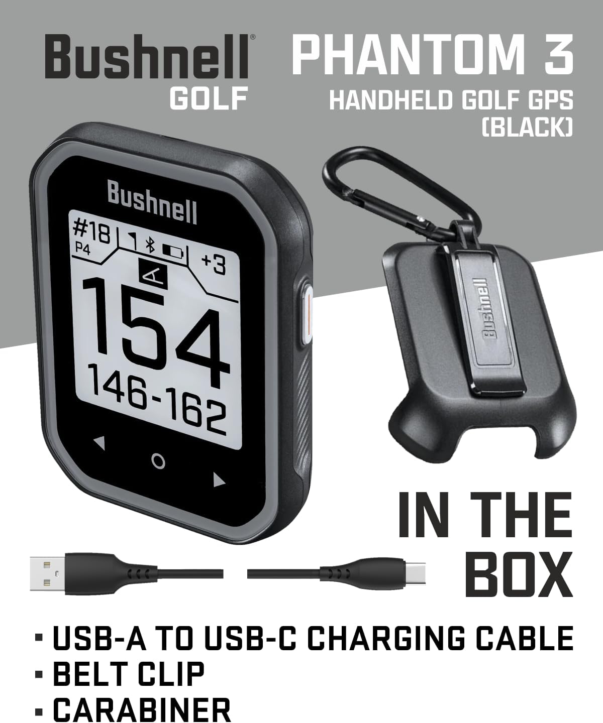 bushnellgolf Golf Phantom 3 Handheld Slope GPS, Touchscreen Display, Belt Clip & Carabiner, (Black)