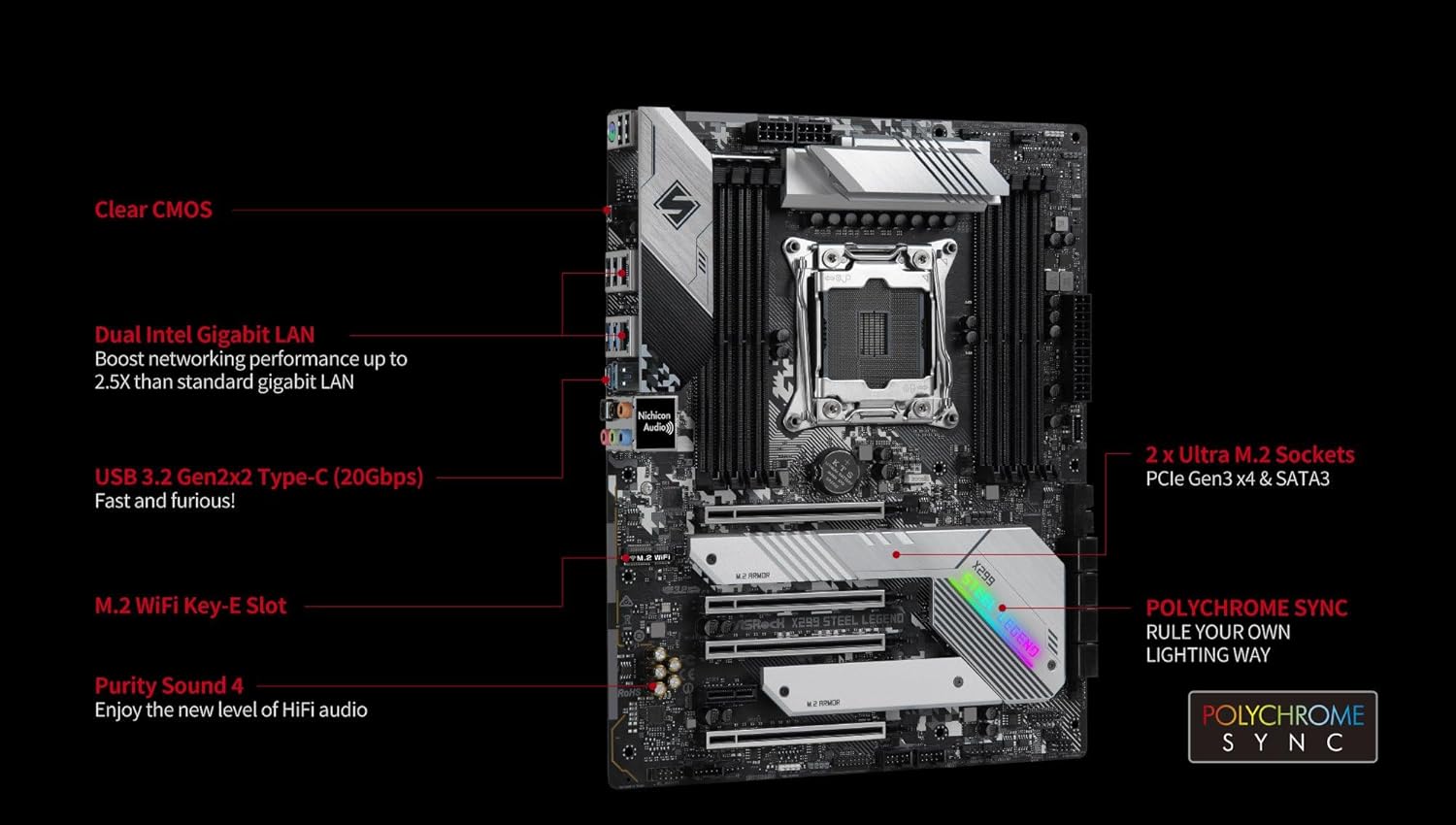 ASRock X299 Steel Legend LGA2066 ATX Motherboard | Intel Core X-Series | DDR4 4200+ (OC) | Dual M.2 | USB 3.2 Gen2x2 | Dual Intel LAN | 11 Phase Power | RGB Lighting