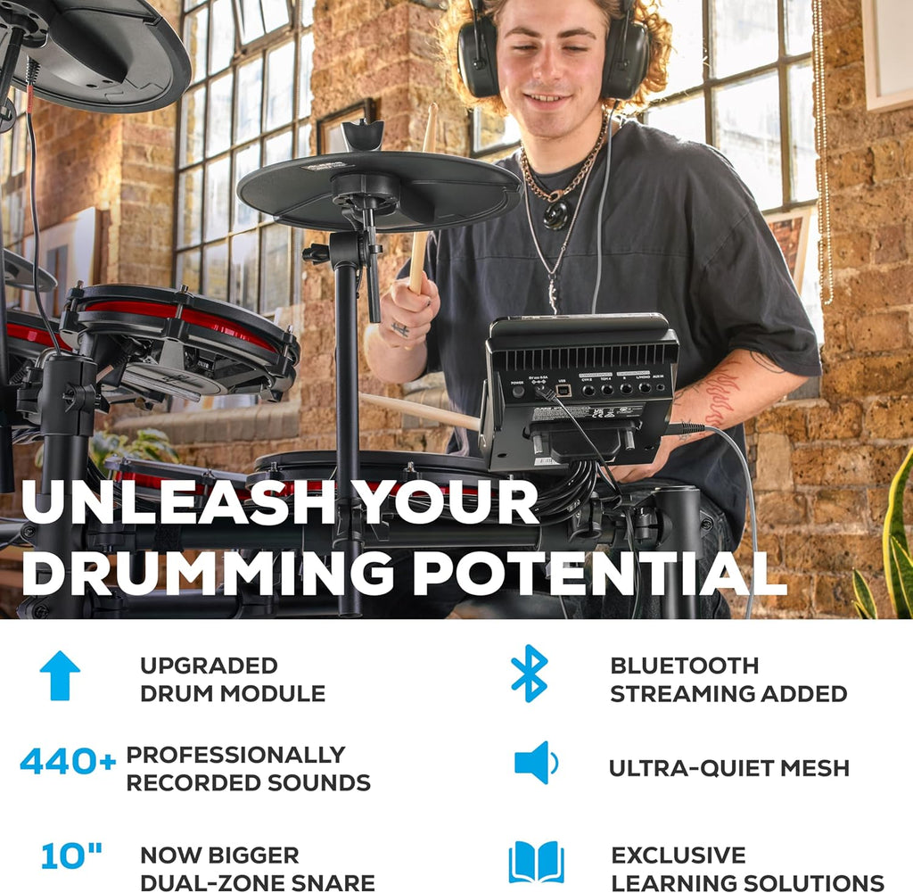 Alesis Nitro Max Kit Compact Electric Drum Kit with Quiet Mesh Pads, 10" Dual-Zone Snare, Bluetooth, 440+ BFD Sounds, Drumeo, USB MIDI, Kick Pedal
