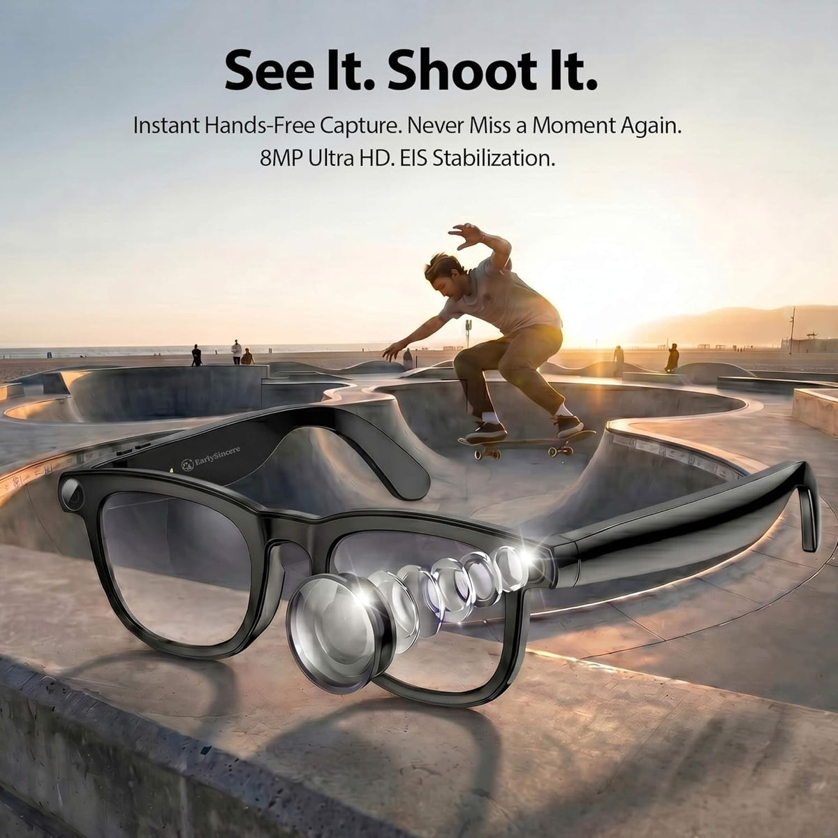 EarlySincere Photochromic Smart Glasses with 8MP 4K Camera & Bluetooth, HD Video, AI Vision Assistant, Translation & Voice Transcriber, Open-Ear Audio, Extra Blue Light Lenses for Work & Travel