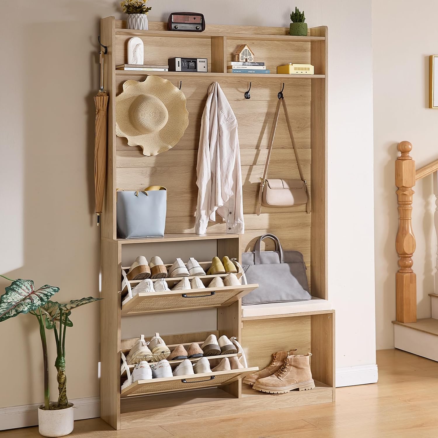 LEYAOYAO 78" Tall Boho Hall Tree with Bench & Shoe Storage, 4-in-1 Mudroom Rattan Coat Rack with 2 Flip Drawers & Cushioned Stool, Entryway Hall Tree Cabinet with 6 Hooks for Garage, Natural Oak