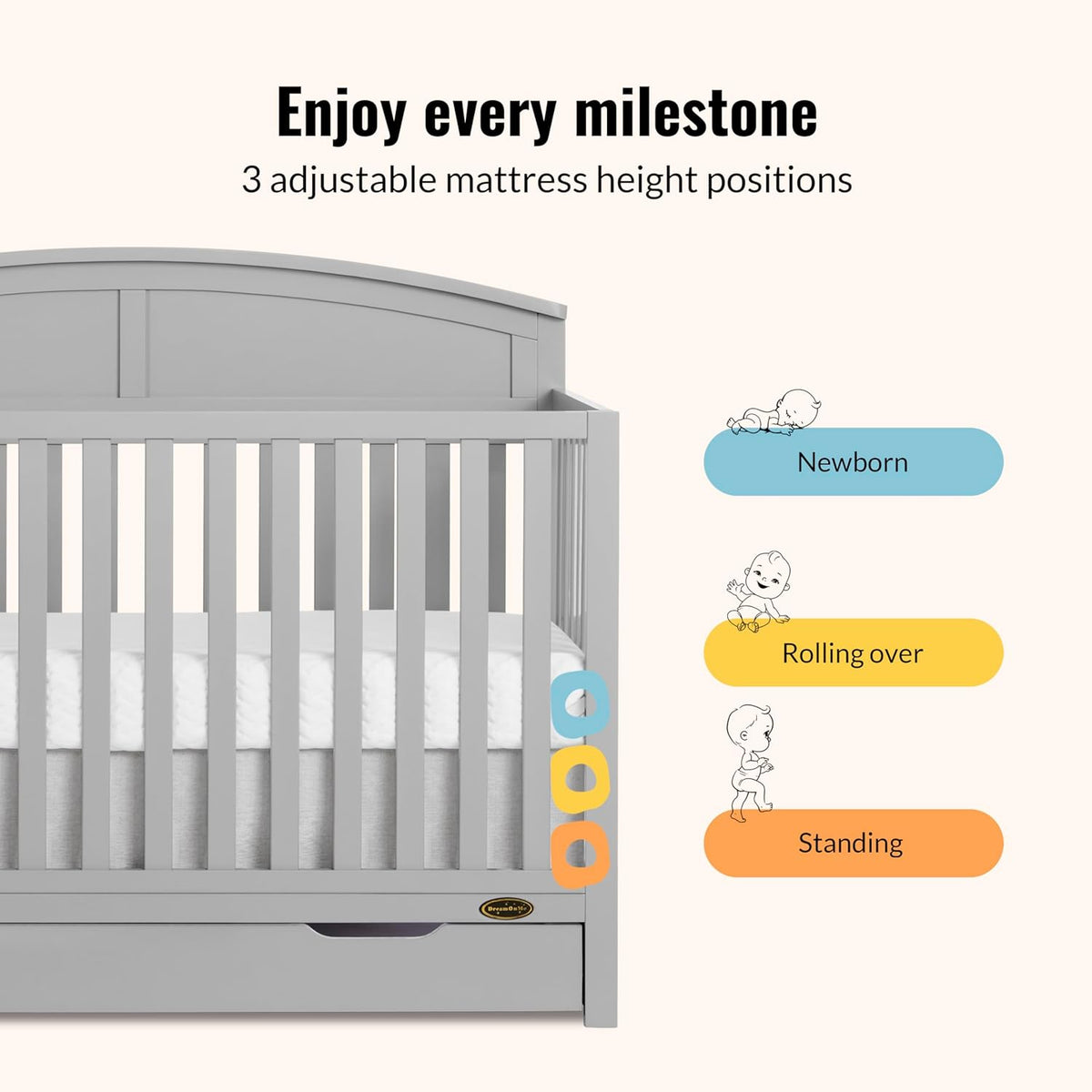 Dream On Me Storybrooke 5-in-1 Convertible Full-Size Crib with Under Drawer, Pebble Grey, GreenGuard Gold & BSA, Convert to Toddler, Day & Full-Size Bed, 3 Mattress Heights, Sustainable Pinewood