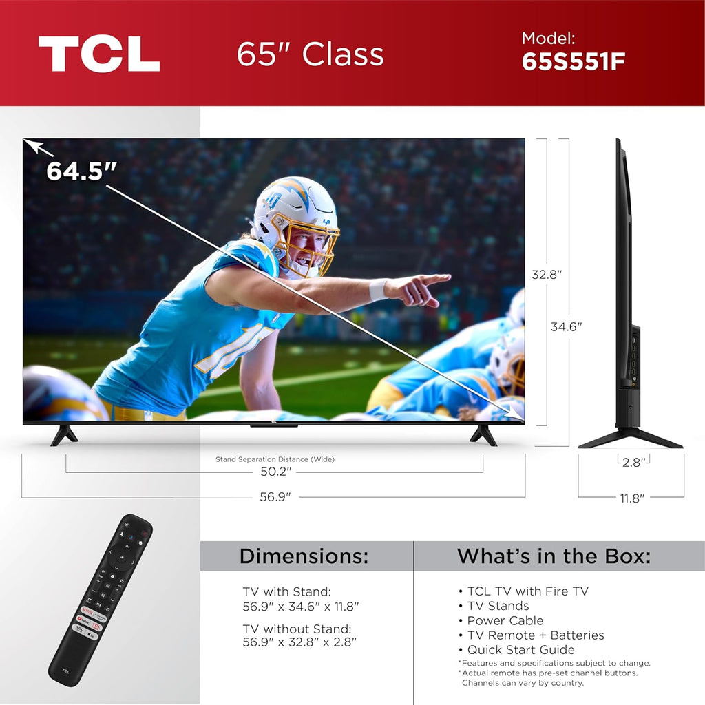 TCL 65-Inch Class S5 UHD 4K LED Smart TV with Fire TV (65S551F, 2024), Dolby Vision, HDR PRO+, Atmos, Alexa Built-in, Apple AirPlay 2, Streaming Television