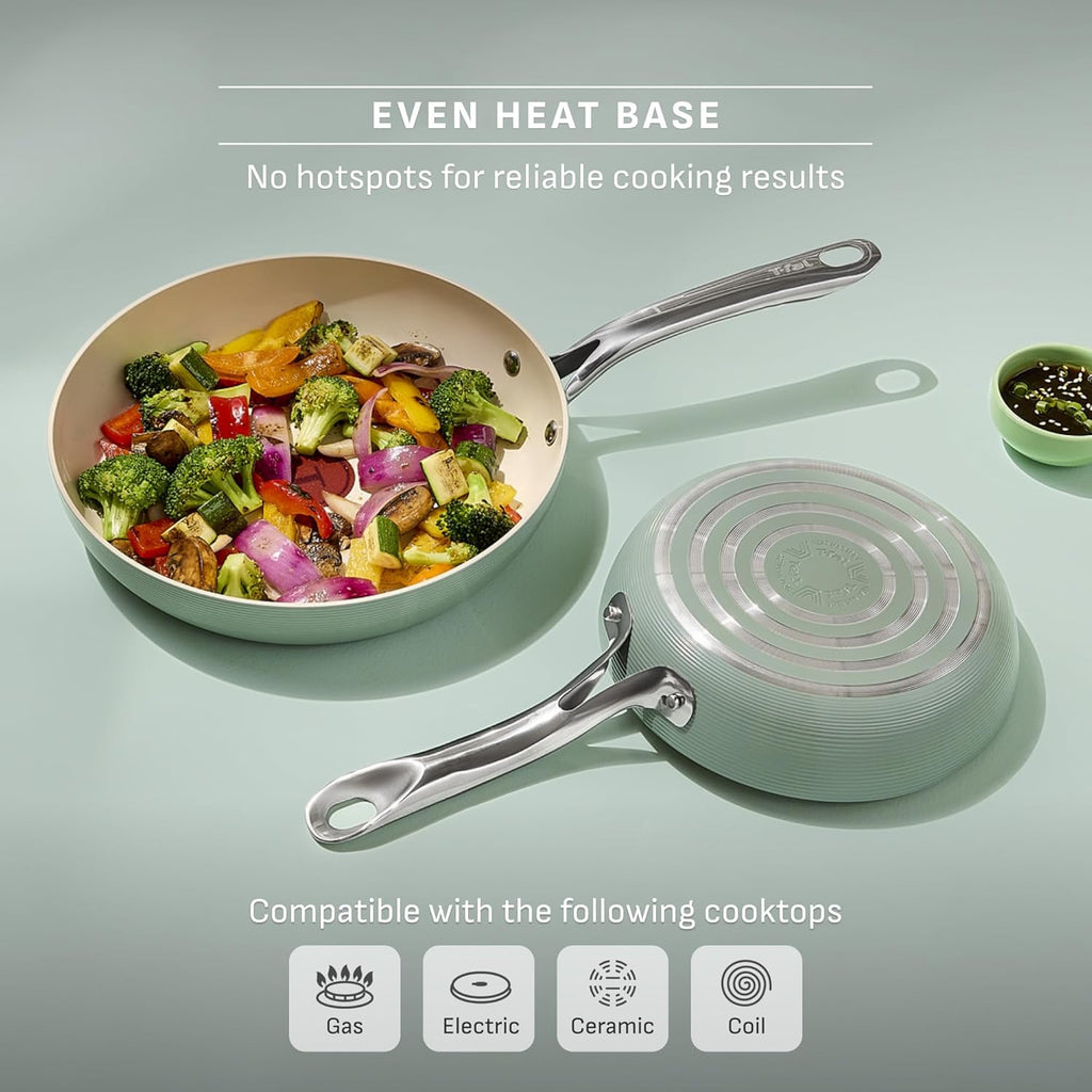 T-Fal Inspire Ceramic Nonstick Cookware Set, 10-Piece, Oven Safe to 500°F, Stockpot, Ceramic Pots and Pans Set, Frying Pans, Saucepans, Pan Protectors, Mint Green
