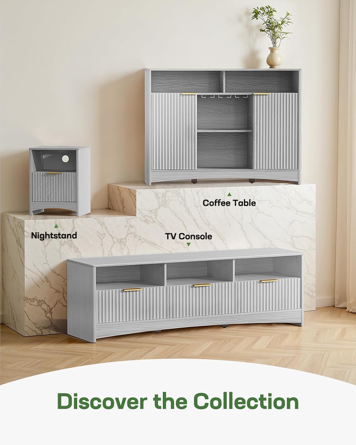 Marsail Fluted Nightstand Set of 2 with Charging Station, Adjustable Bedside Table with USB & AC Ports, Wood Grain Finish End Table, Sleek Wide Handle, Side Table for Bedroom, Light Grey