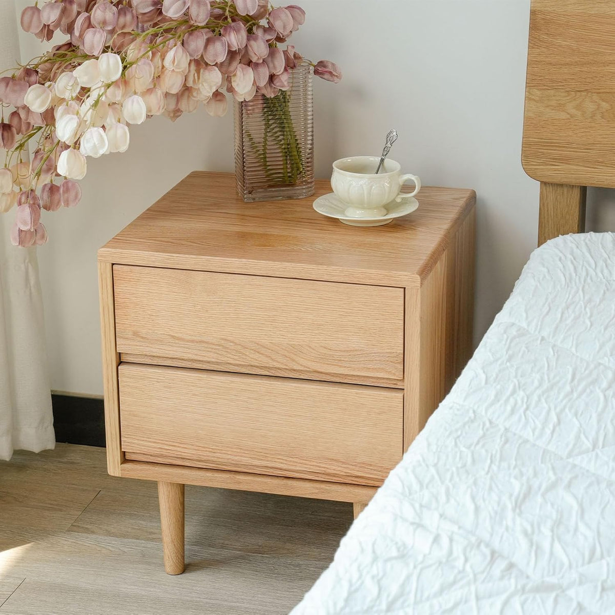 Night Stand, Mid Century Modern Nightstand w/2 Drawers, Boho Small Bedside Table, Oak Solid Wood, 17.72 W x 15.75 D x 19.69 H Inches (Natural, Double Drawer)