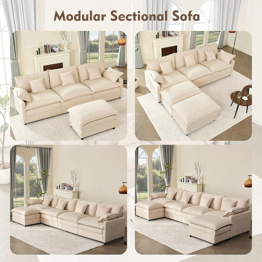 GOSUHI 108" U Shaped Couch, Modular Sectional Sofa, 3-Seater Comfy Cloud Couch, Set of Modular Pieces with Movable Ottoman, Deep Seat Couches for Living Room, Linen, Beige