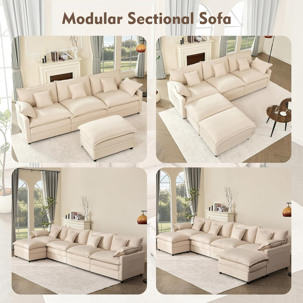 GOSUHI 108" U Shaped Couch, Modular Sectional Sofa, 3-Seater Comfy Cloud Couch, Set of Modular Pieces with Movable Ottoman, Deep Seat Couches for Living Room, Linen, Beige