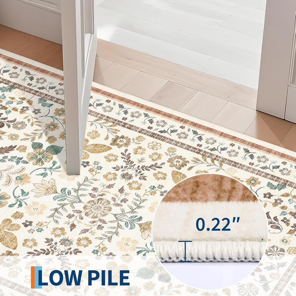 GarveeHome 10x14 Floral Area Rugs for Bedroom Machine Washable Boho Soft Non-Slip Backing Rugs Low Pile Stain Resistant Botanical Carpet for Living Room Farmhouse Dining Room Nursery Beige