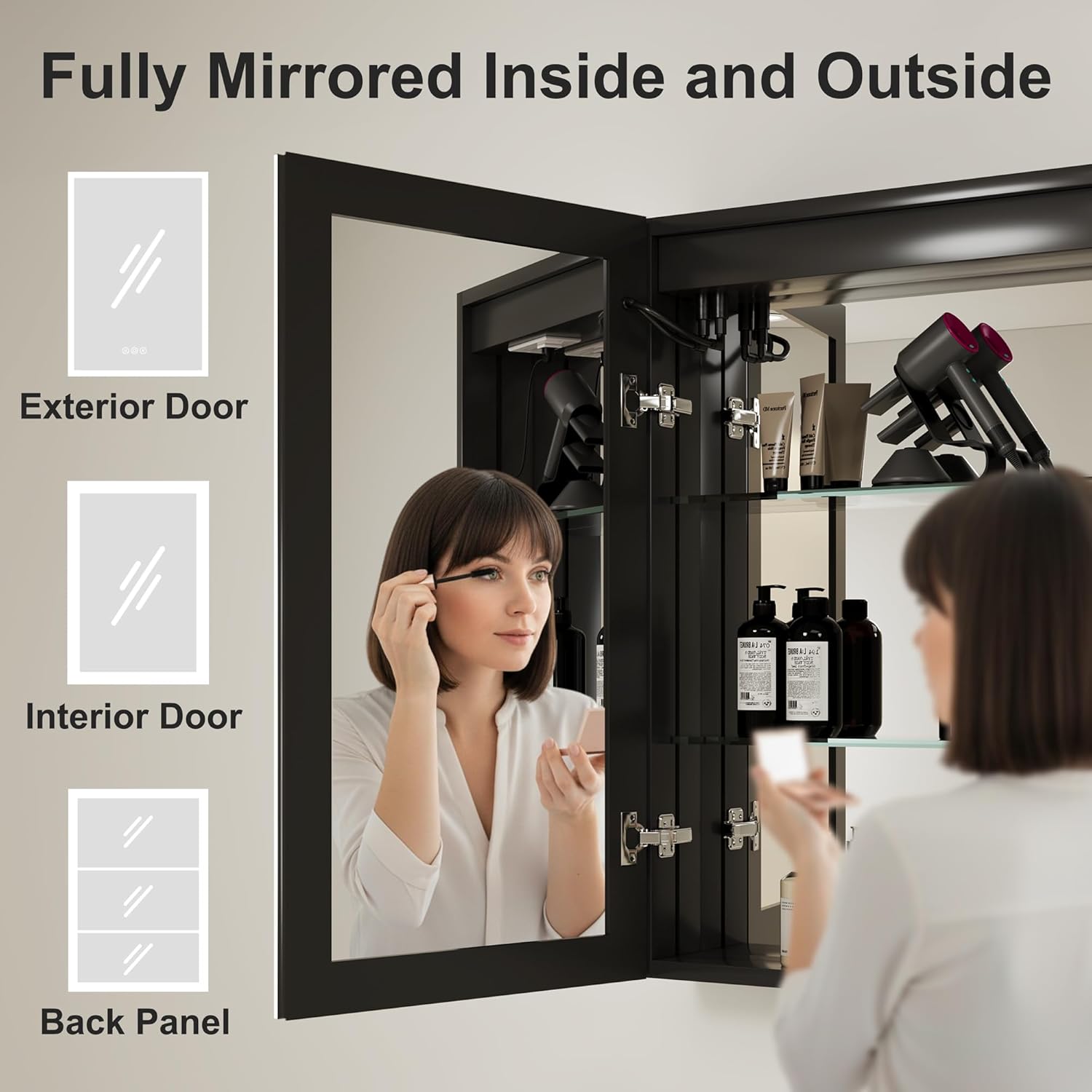 Buruis 36 x 32 Inch Medicine Cabinet with LED Lights and Mirror, Recessed/Wall Mounted Bathroom Cabinet, 3-Color Light, Defogger, Memory Function, Outlet & USB, Dimmer, Black