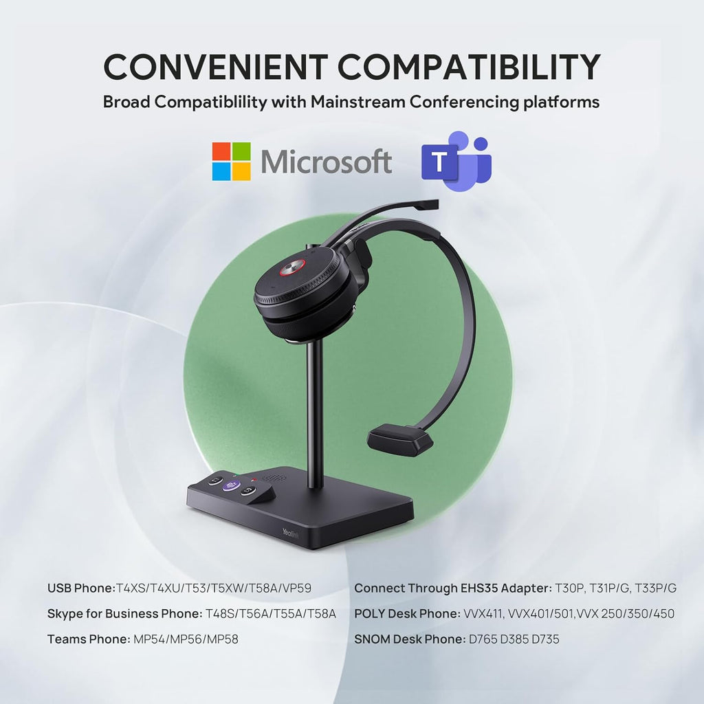 Yealink WH62 DECT Mono Teams Wireless Headset, 525 ft Range Work Headphone with 2X Noise Canceling Mic for IP Phone and Computer, Single Ear Headset with Call Control, Ringer,13H Talk Time