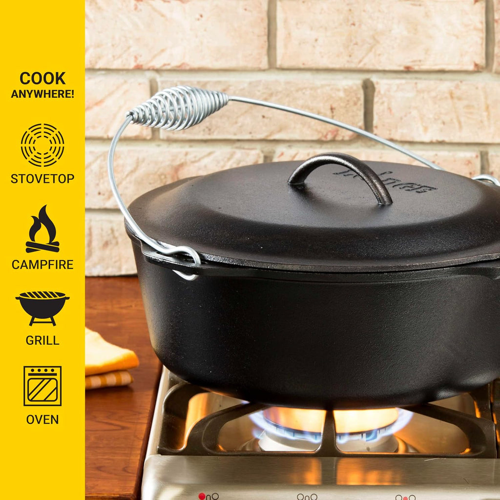 Lodge 9 Quart Pre-Seasoned Cast Iron Dutch Oven with Lid - Wire Bail Handle for Easy Transfer from Cooking Surface to Table - Use in the Oven, on the Stove, on the Grill or over the Campfire - Black