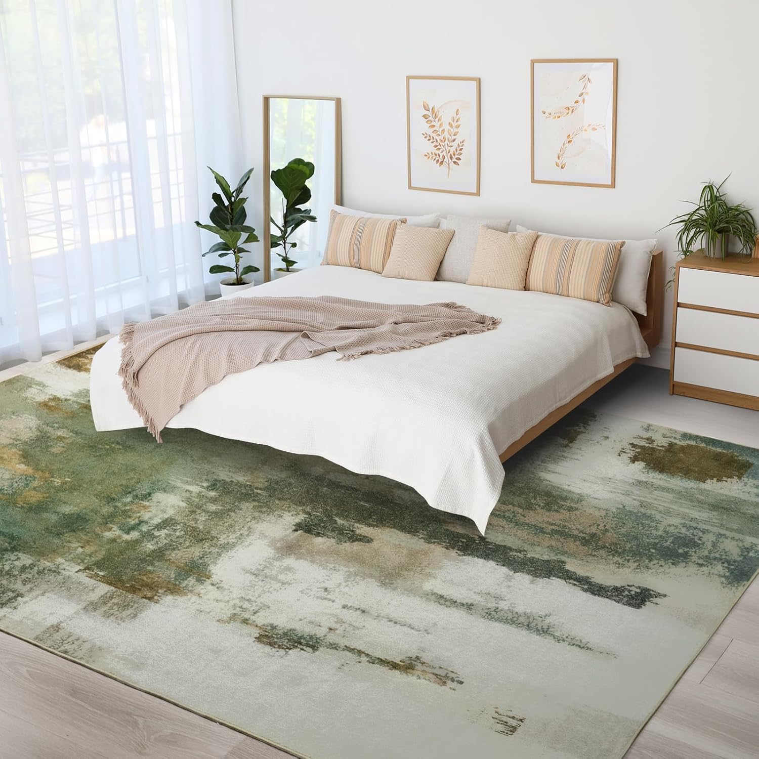 Kelarea Living Room Rug, 8x10 Rug Modern Abstract Washable Rugs Green Faux Wool Vintage Carpet, Non Slip Large Rugs for Bedroom, Dining Room, College Dorm, Home Office