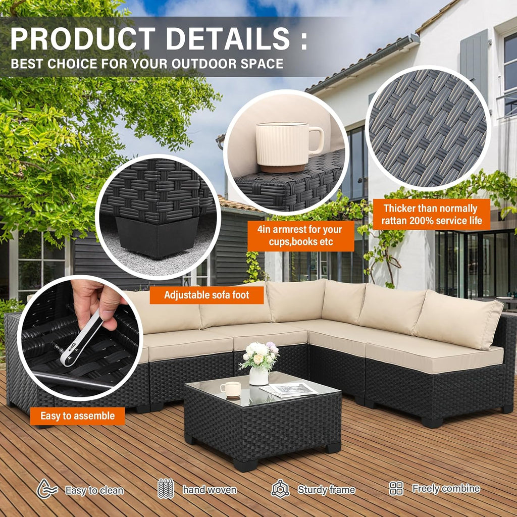 Valita 7 Pieces Outdoor Wicker Furniture Conversation Set Patio Sectional Sofa Set Glass Table with Non-Slip Cushions Furniture Cover, Khaki
