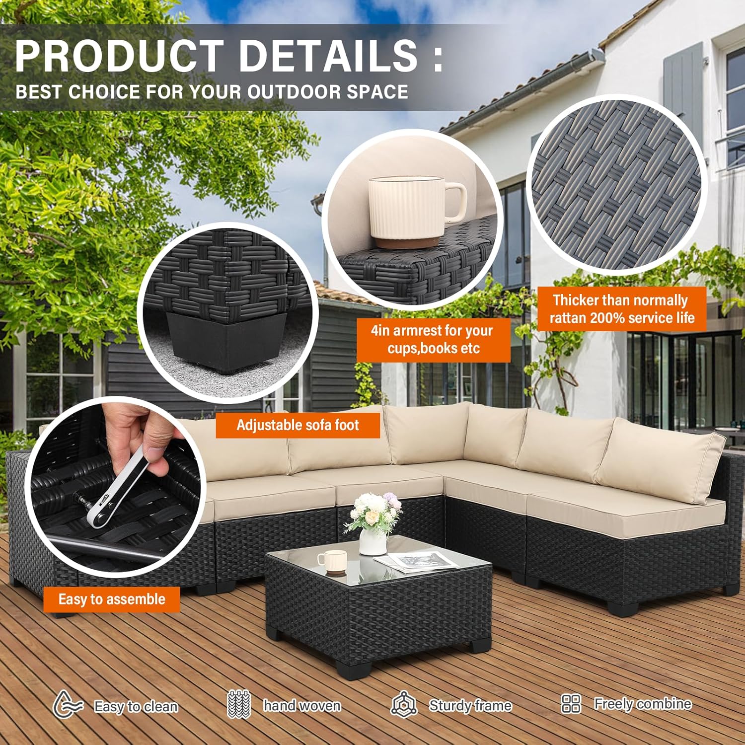 Valita 7 Pieces Outdoor Wicker Furniture Conversation Set Patio Sectional Sofa Set Glass Table with Non-Slip Cushions Furniture Cover, Khaki
