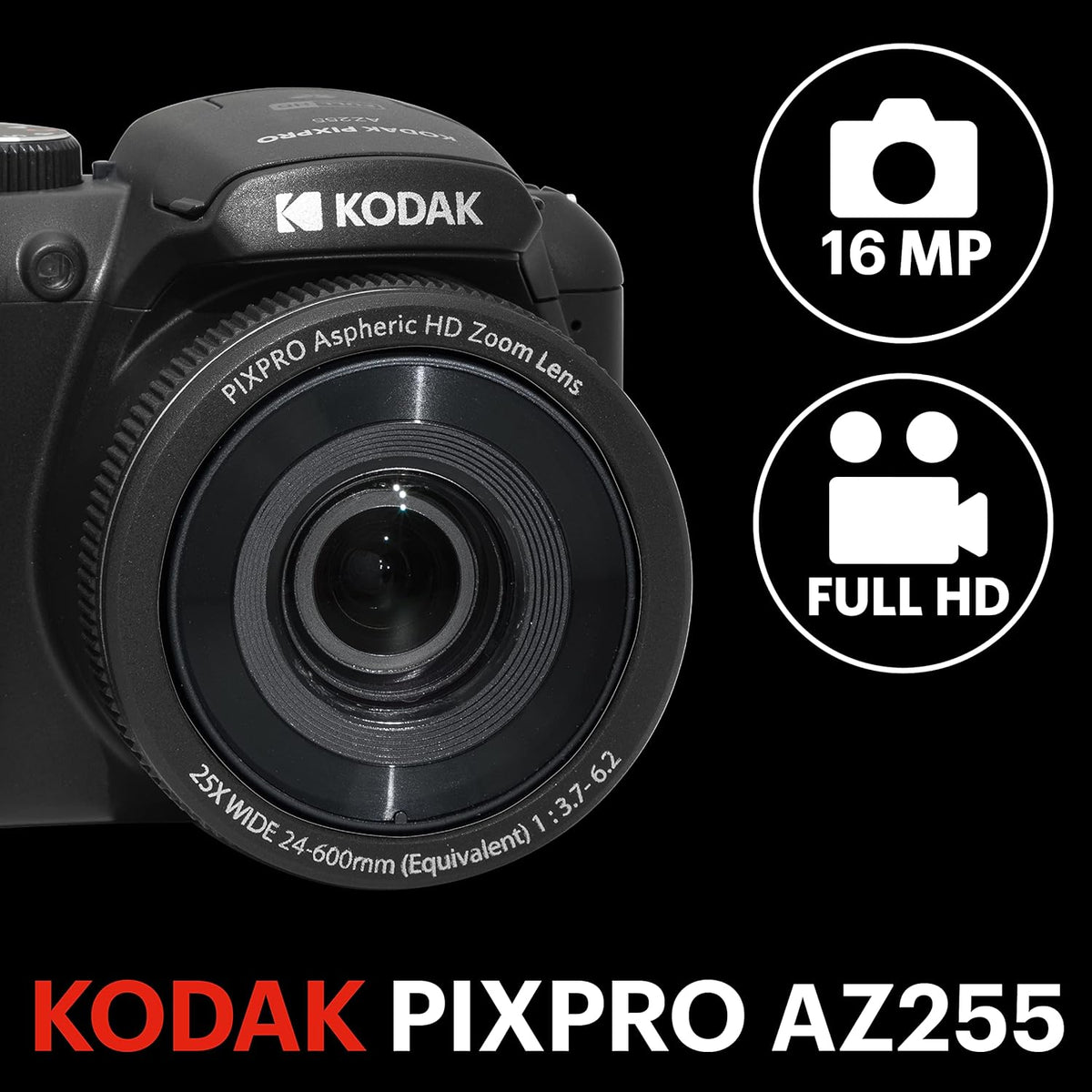 Kodak PIXPRO AZ255-BK 16MP Digital Camera 25X Optical Zoom 24mm Wide Angle Lens Optical Image Stabilization 1080P Full HD Video 3" LCD Vlogging Camera (Black)