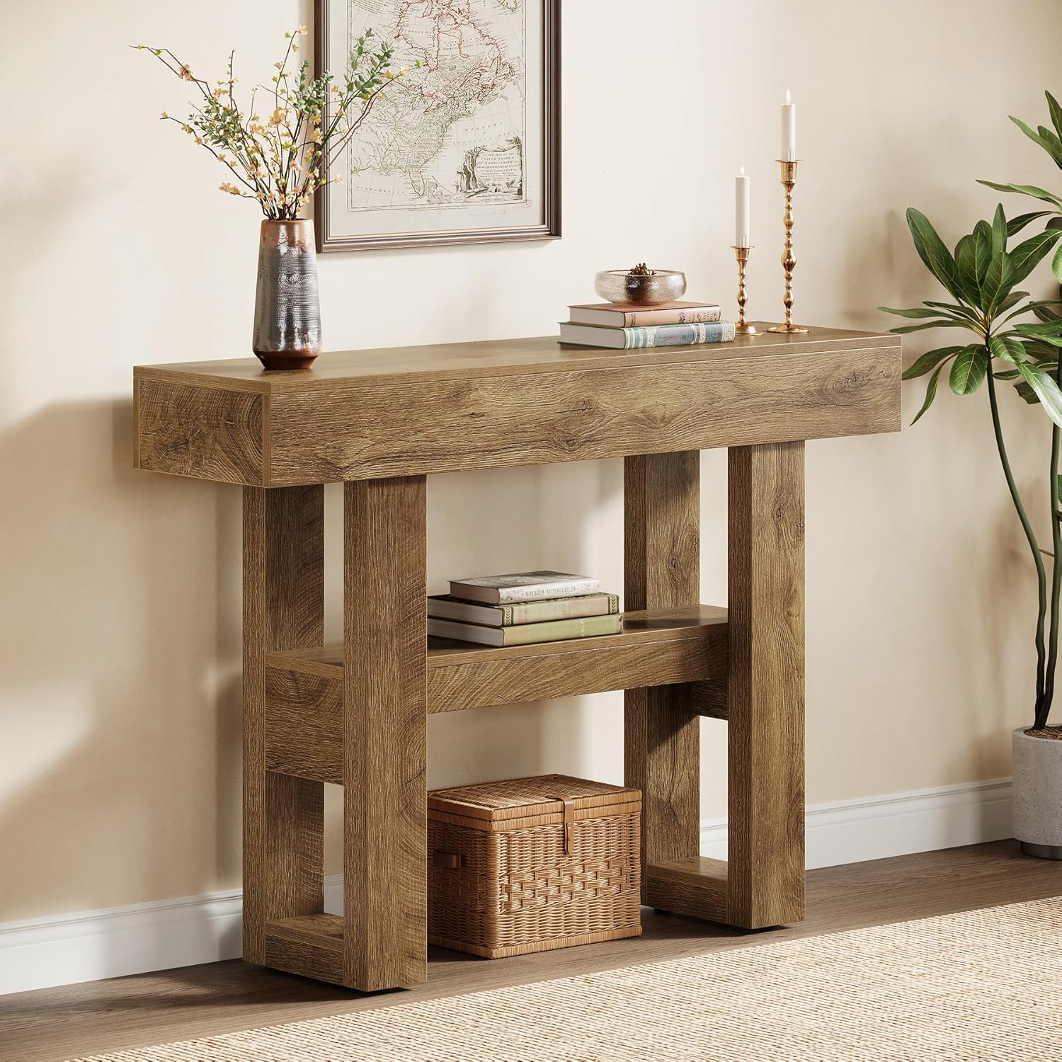 Tribesigns 41.34-Inch Farmhouse Console Table, 2-Tier Narrow Sofa Table Behind The Couch, Entryway Furniture with Storage Shelves for Hallway Foyer Living Room, Light Brown
