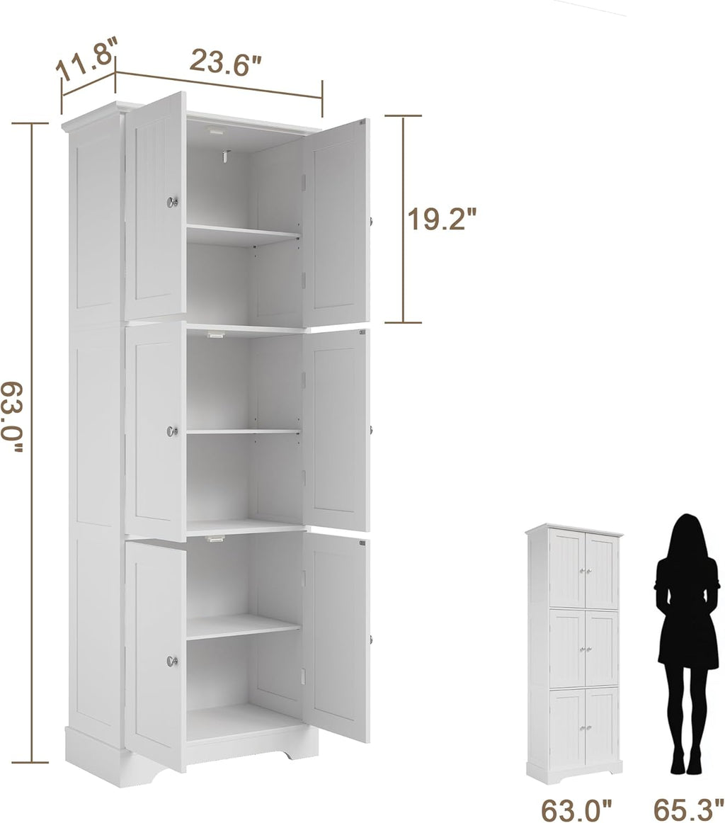 ChooChoo Tall Bathroom Storage Cabinet with 6 Doors, Freestanding Floor Cabinet with Adjustable Shelves, White Pantry Cabinet for Bathroom, Kitchen, Laundry Room