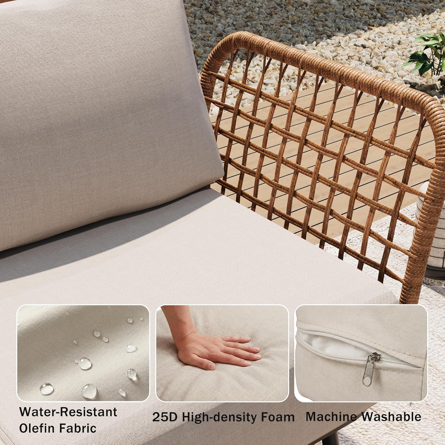 6-Piece Patio Conversation Set, Outdoor Sectional Sofa Modular Wicker Furniture with Thick Cushions & Wood Grain Coffee Table, Patio Furniture for Backyard Porch