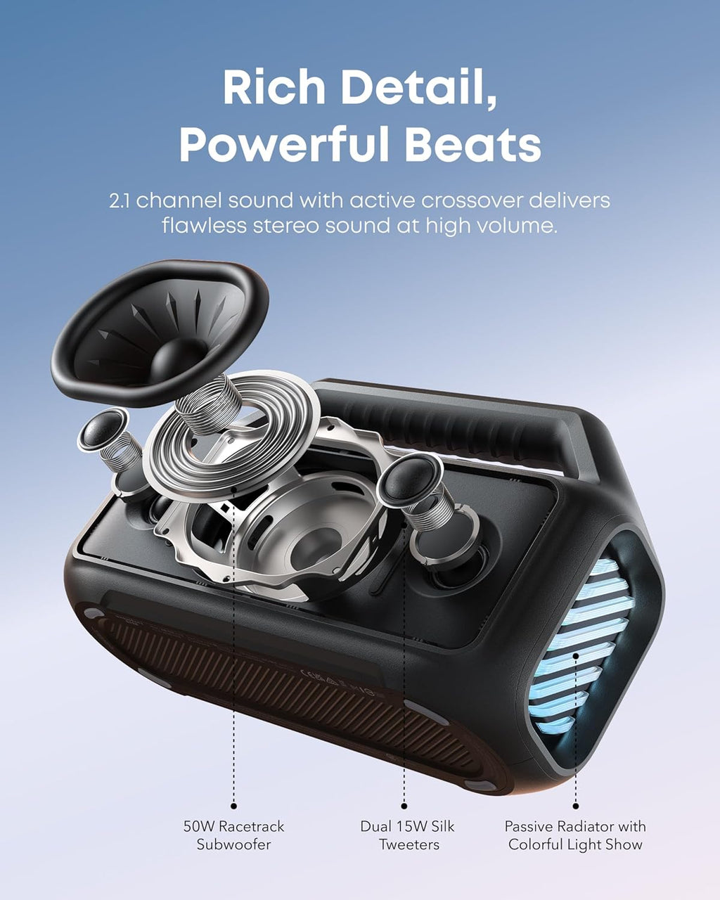 Anker Soundcore 2 & Soundcore Boom 2 Outdoor Speaker, 80W, Subwoofer, BassUp 2.0, 24H Playtime, IPX7 Waterproof, Floatable, RGB Lights, USB-C, Custom EQ, Bluetooth 5.3, Portable for Outdoors, Camping